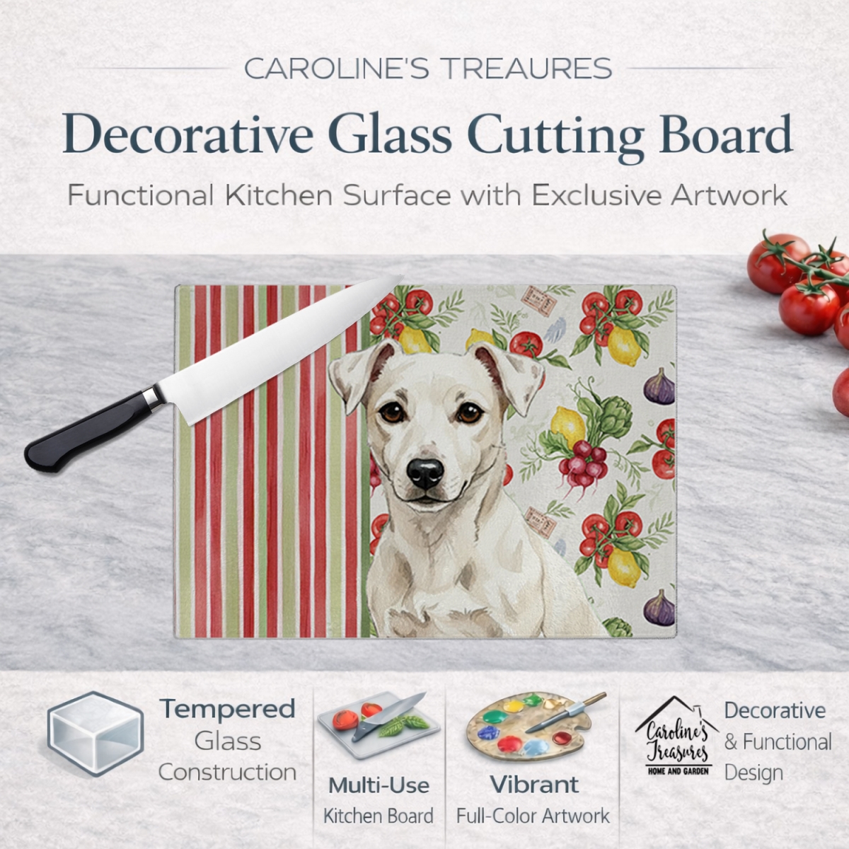 Picture of Carolines Treasures WDK8284LCB 11.25 x 15.25 in. White Jack Russell Terrier Vegetables Glass Cutting Board