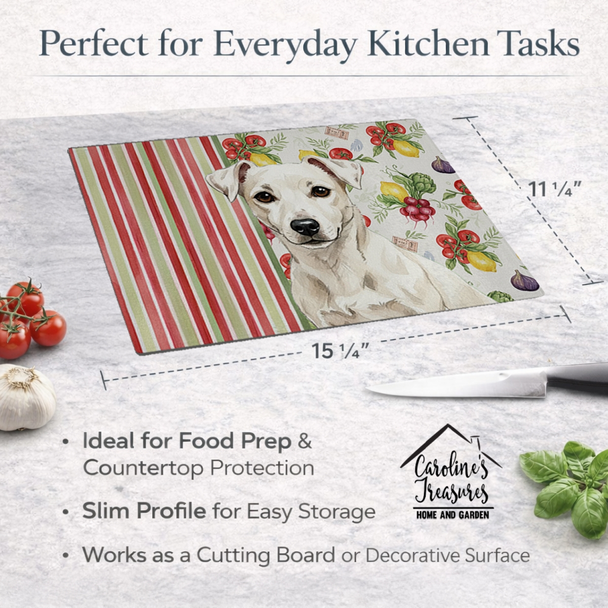 Picture of Carolines Treasures WDK8284LCB 11.25 x 15.25 in. White Jack Russell Terrier Vegetables Glass Cutting Board