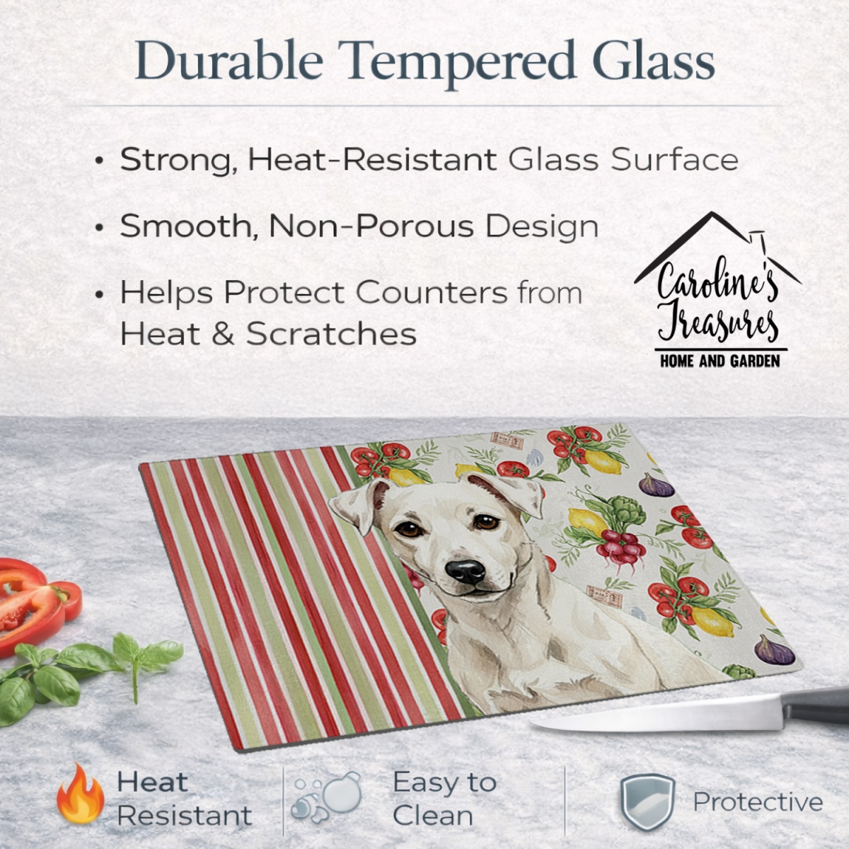 Picture of Carolines Treasures WDK8284LCB 11.25 x 15.25 in. White Jack Russell Terrier Vegetables Glass Cutting Board