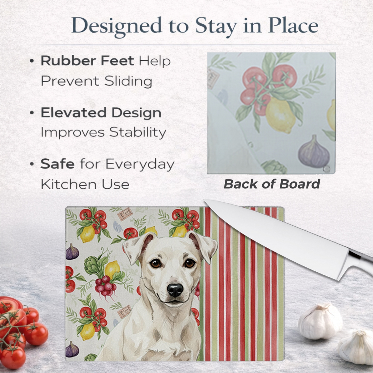 Picture of Carolines Treasures WDK8284LCB 11.25 x 15.25 in. White Jack Russell Terrier Vegetables Glass Cutting Board