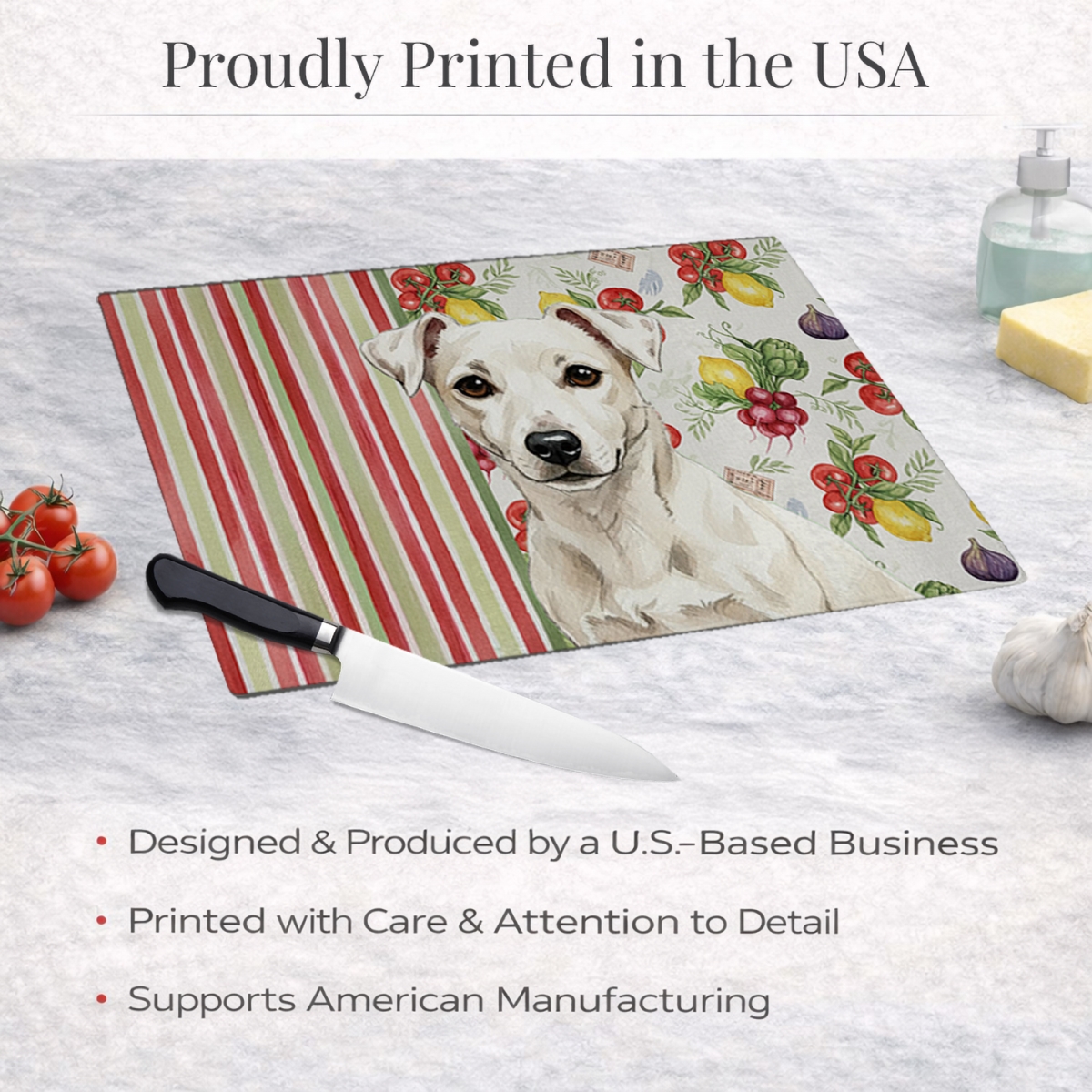 Picture of Carolines Treasures WDK8284LCB 11.25 x 15.25 in. White Jack Russell Terrier Vegetables Glass Cutting Board