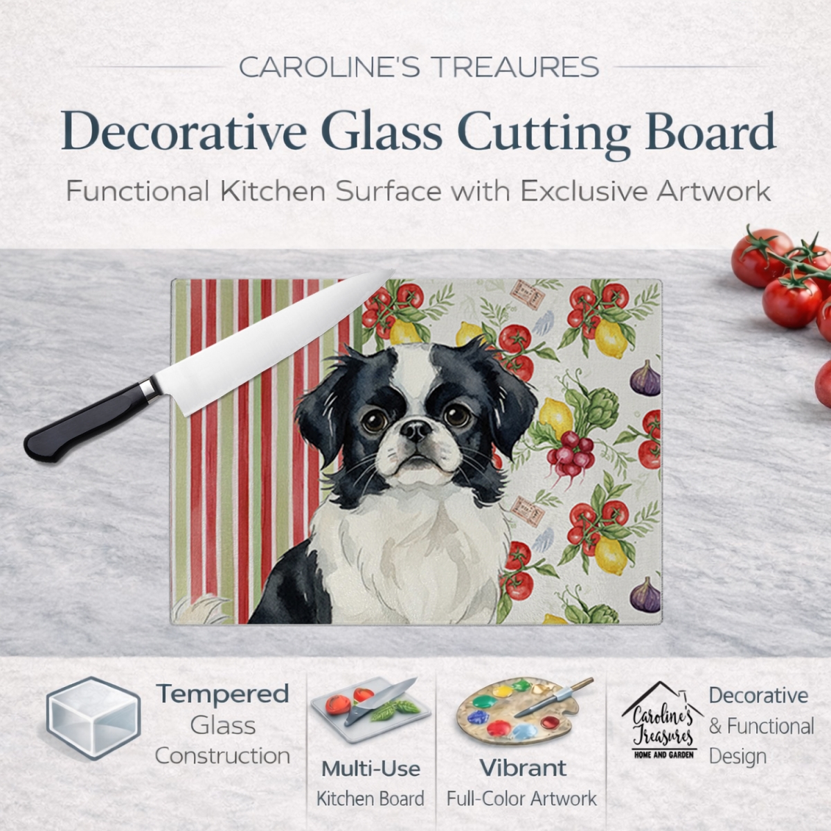 Picture of Carolines Treasures WDK8285LCB 11.25 x 15.25 in. Black & White Japanese Chin Vegetables Glass Cutting Board