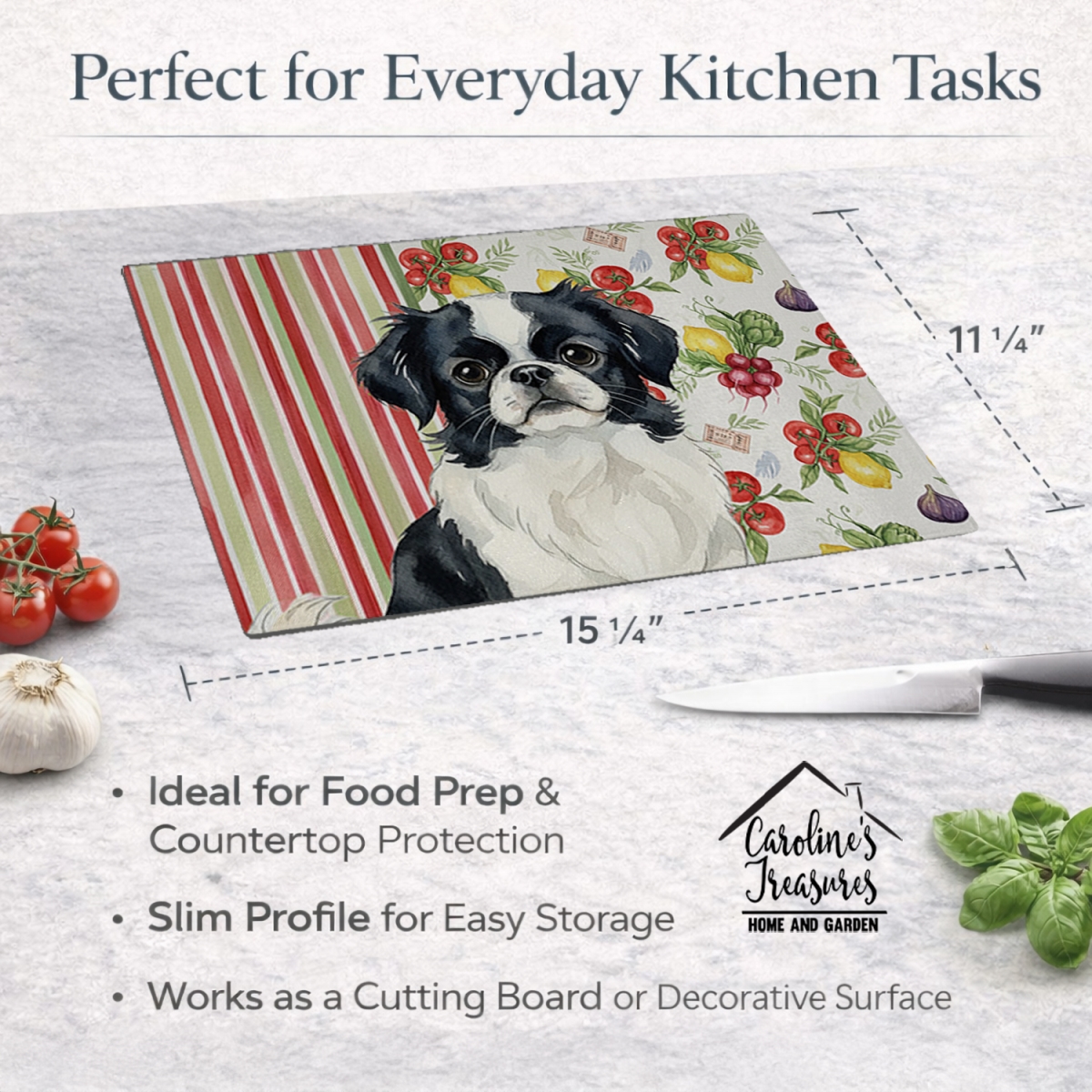 Picture of Carolines Treasures WDK8285LCB 11.25 x 15.25 in. Black & White Japanese Chin Vegetables Glass Cutting Board