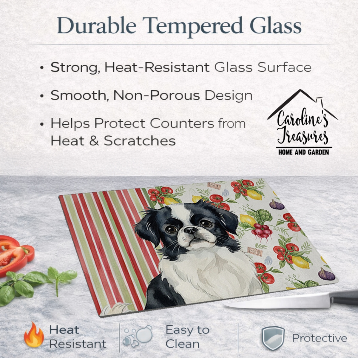 Picture of Carolines Treasures WDK8285LCB 11.25 x 15.25 in. Black & White Japanese Chin Vegetables Glass Cutting Board