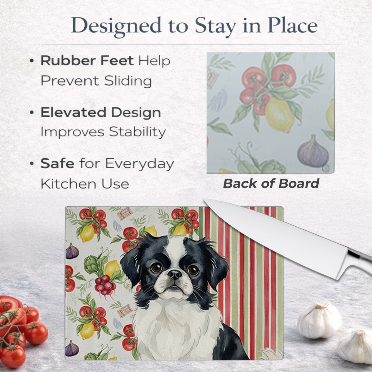 Picture of Carolines Treasures WDK8285LCB 11.25 x 15.25 in. Black & White Japanese Chin Vegetables Glass Cutting Board