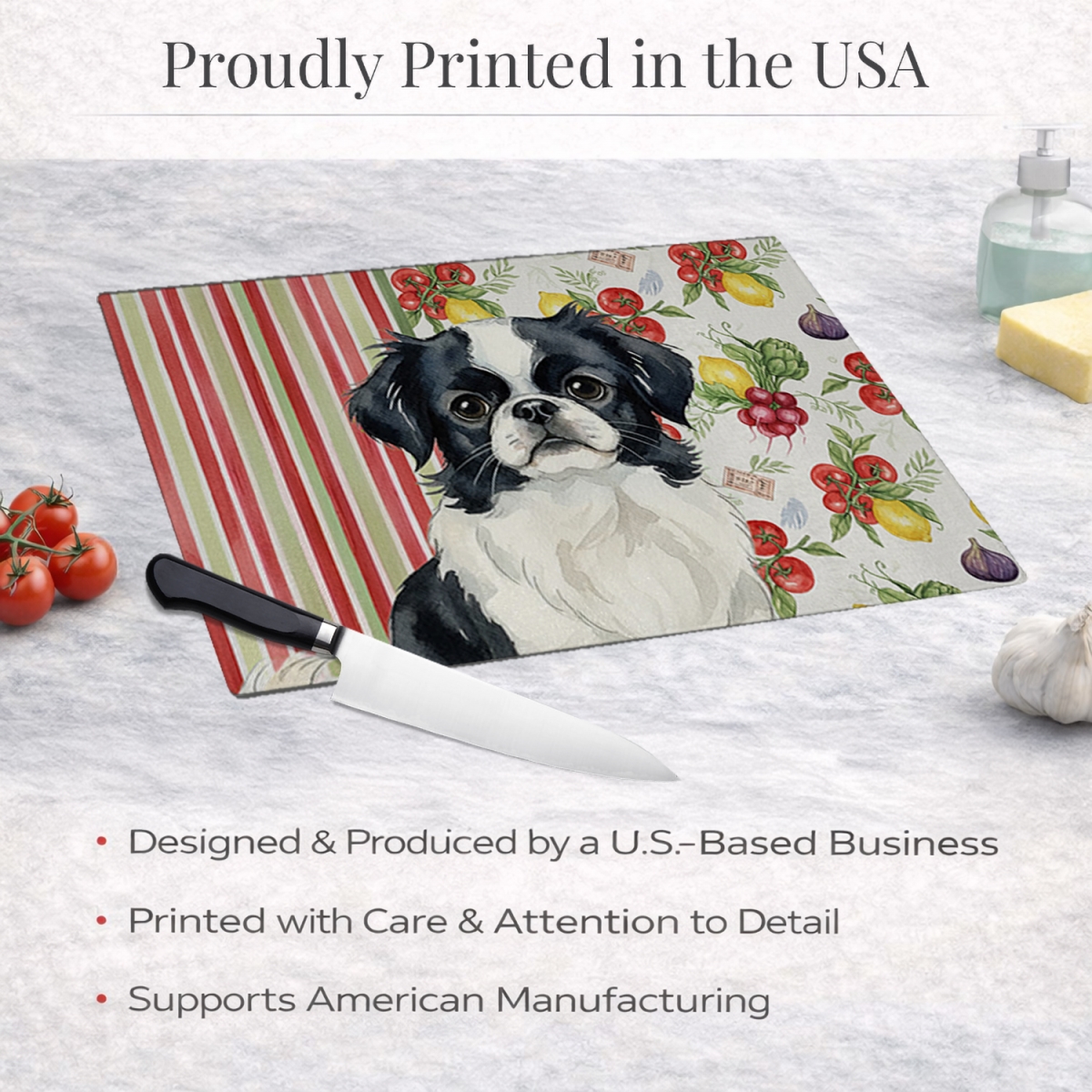 Picture of Carolines Treasures WDK8285LCB 11.25 x 15.25 in. Black & White Japanese Chin Vegetables Glass Cutting Board