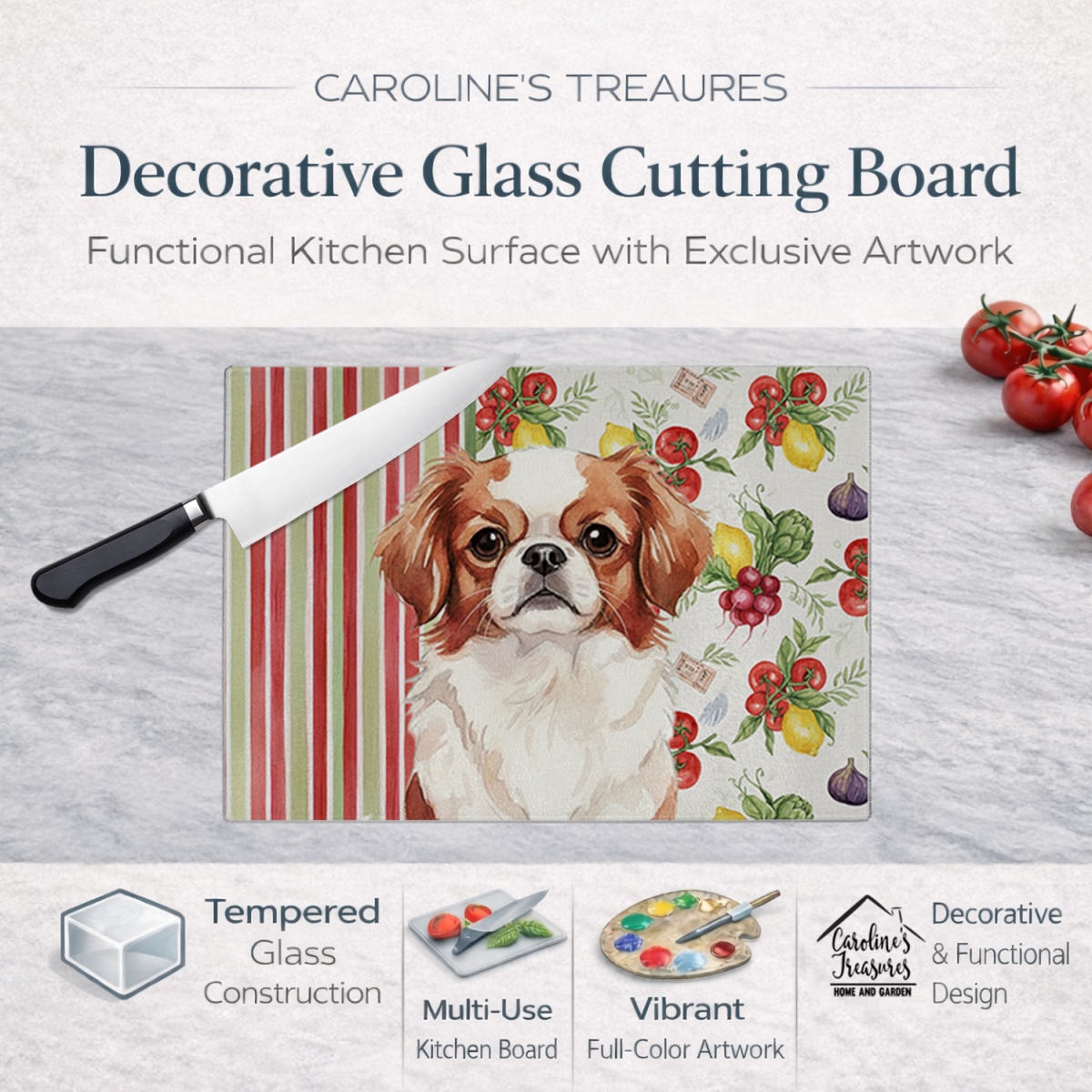 Picture of Carolines Treasures WDK8286LCB 11.25 x 15.25 in. Red & White Japanese Chin Vegetables Glass Cutting Board