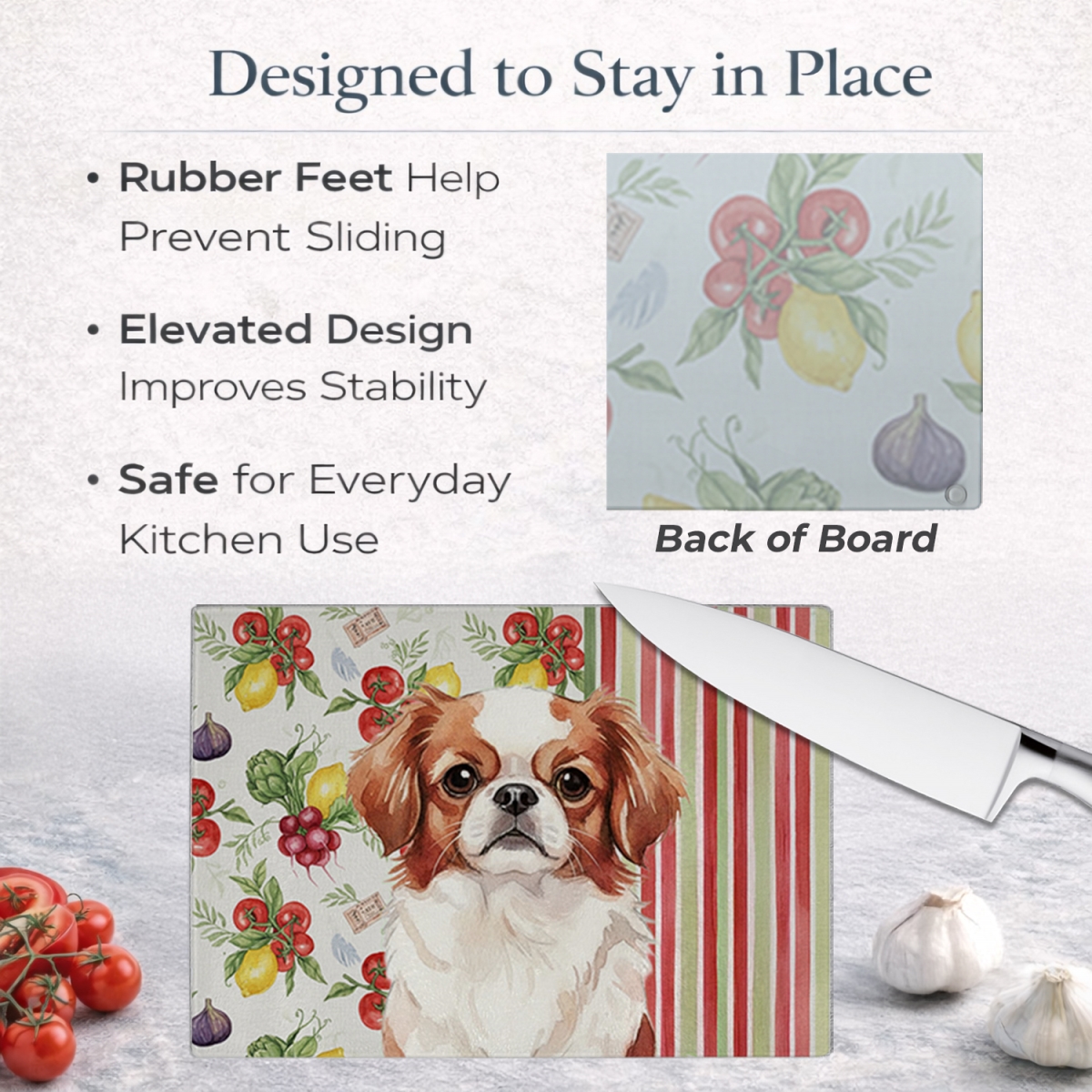 Picture of Carolines Treasures WDK8286LCB 11.25 x 15.25 in. Red & White Japanese Chin Vegetables Glass Cutting Board