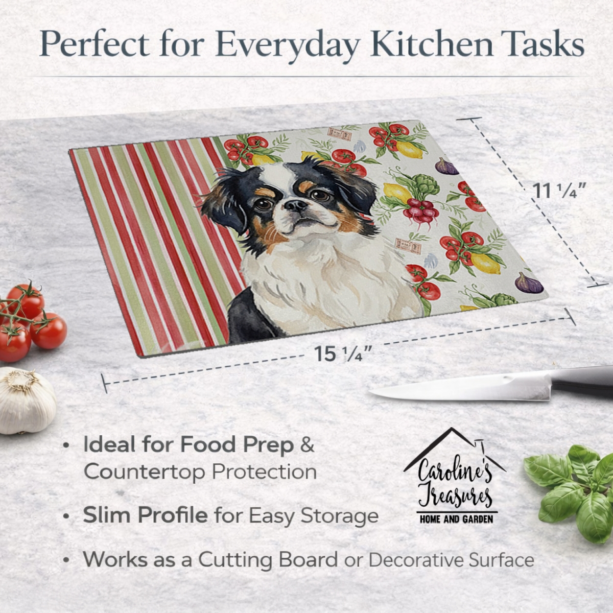 Picture of Carolines Treasures WDK8287LCB 11.25 x 15.25 in. Tricolor Japanese Chin Vegetables Glass Cutting Board