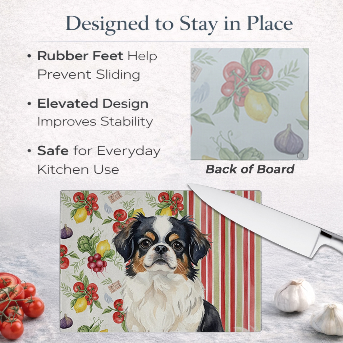 Picture of Carolines Treasures WDK8287LCB 11.25 x 15.25 in. Tricolor Japanese Chin Vegetables Glass Cutting Board