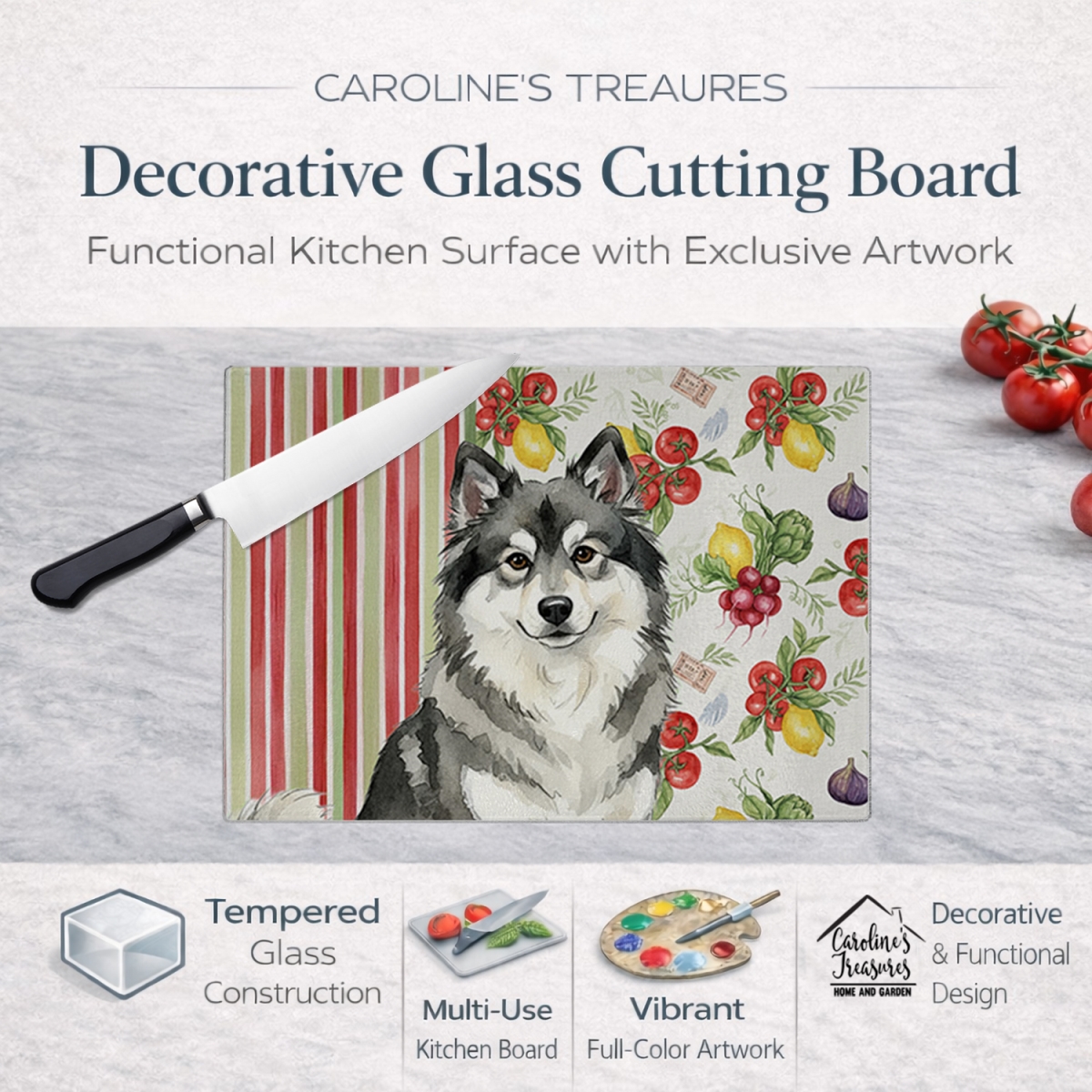 Picture of Carolines Treasures WDK8288LCB 11.25 x 15.25 in. Keeshond Vegetables Glass Cutting Board