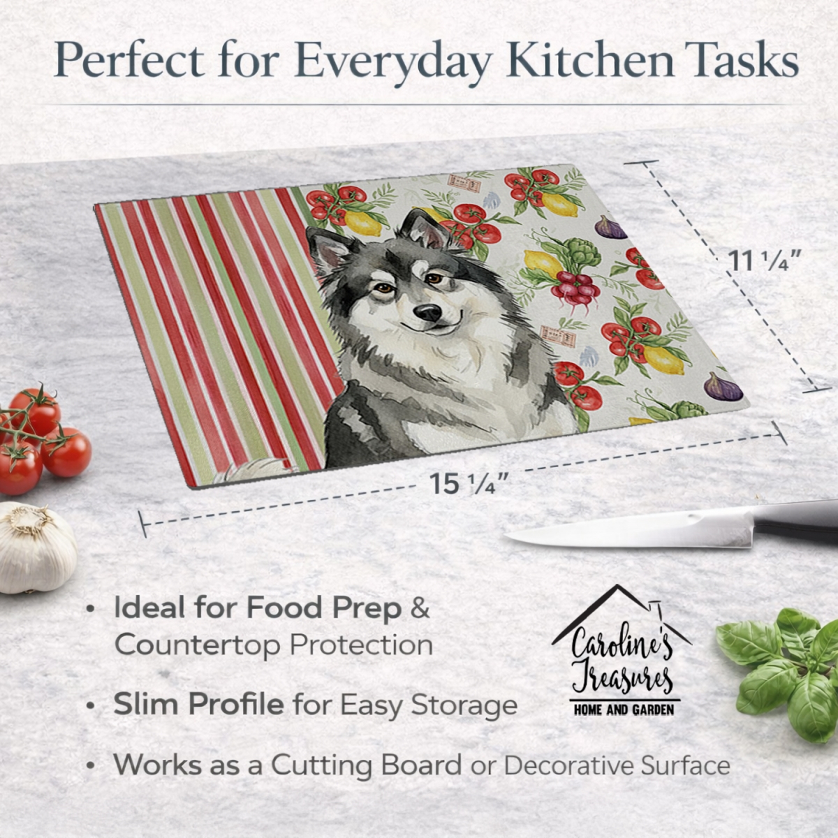 Picture of Carolines Treasures WDK8288LCB 11.25 x 15.25 in. Keeshond Vegetables Glass Cutting Board