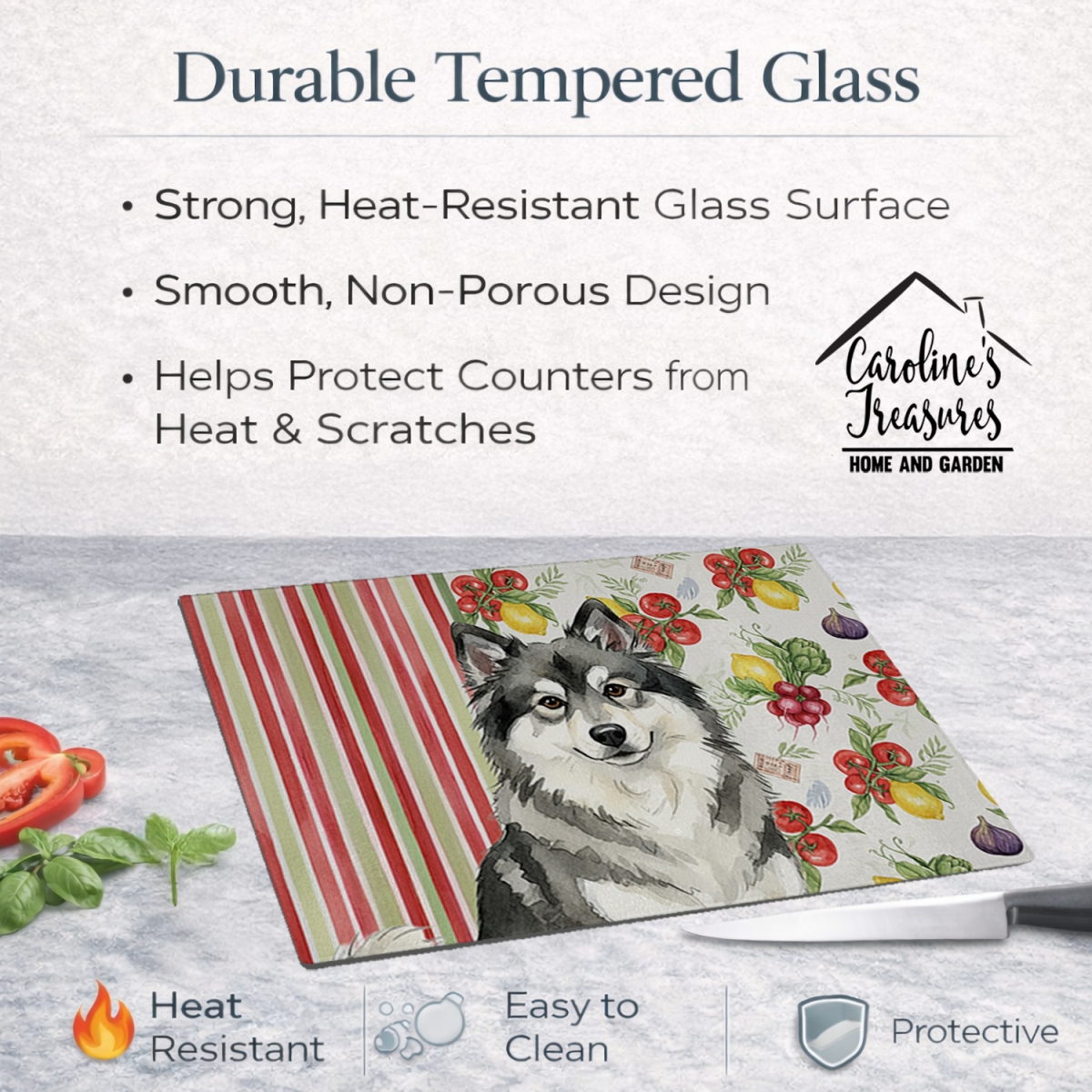Picture of Carolines Treasures WDK8288LCB 11.25 x 15.25 in. Keeshond Vegetables Glass Cutting Board