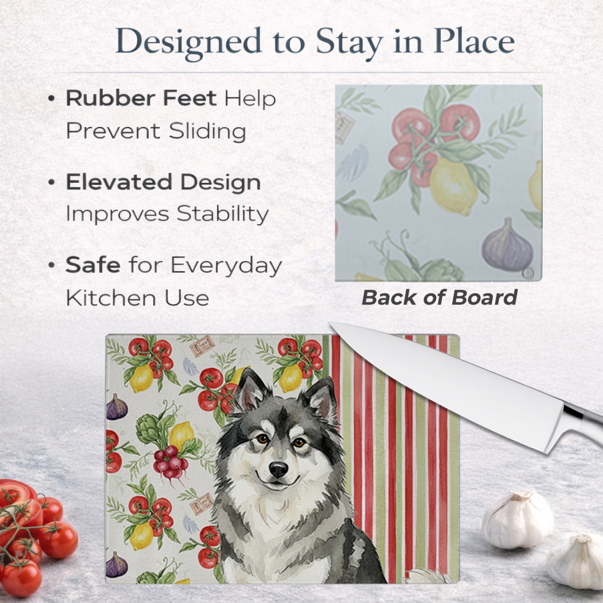 Picture of Carolines Treasures WDK8288LCB 11.25 x 15.25 in. Keeshond Vegetables Glass Cutting Board