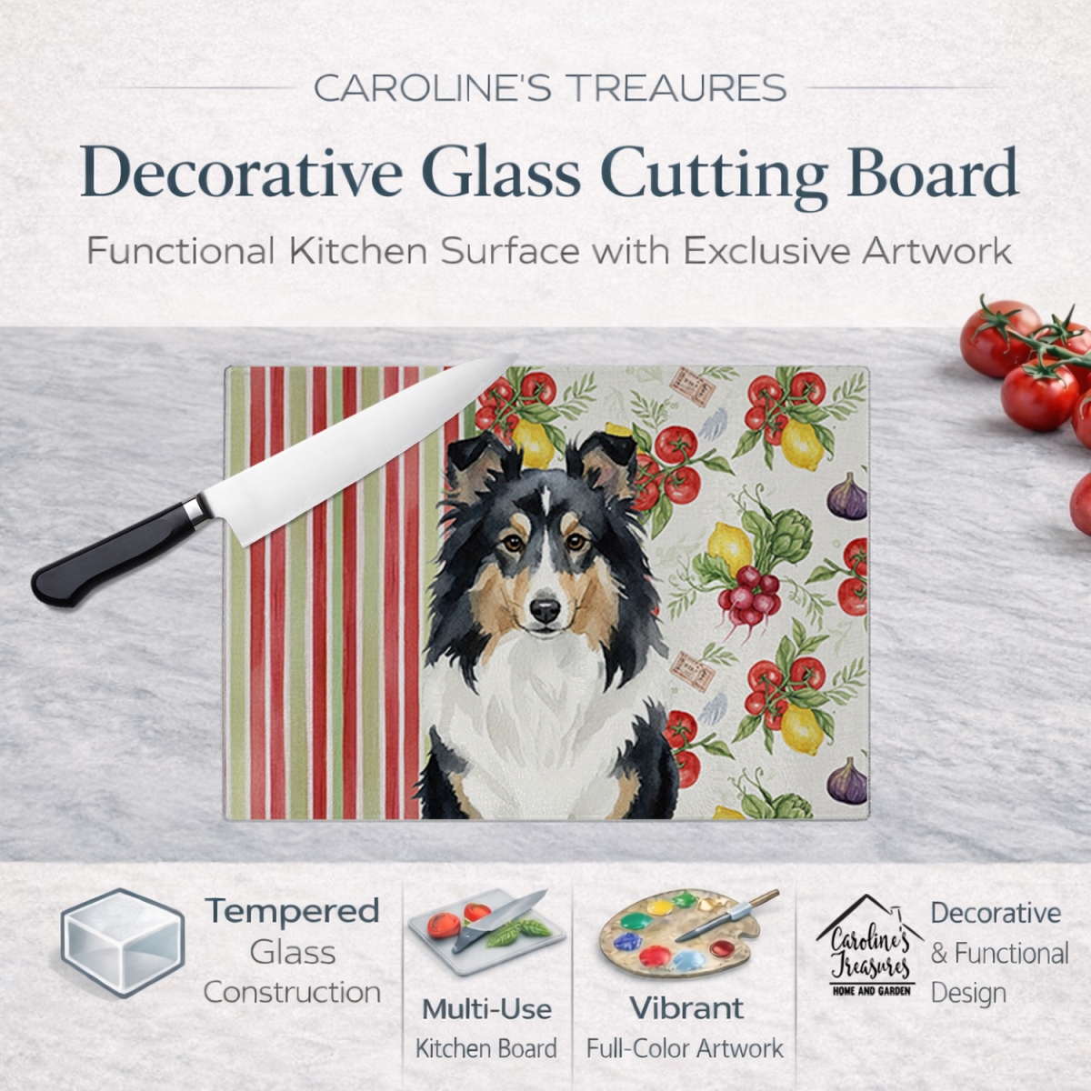 Picture of Carolines Treasures WDK8410LCB 11.25 x 15.25 in. Tricolor Sheltie Vegetables Glass Cutting Board