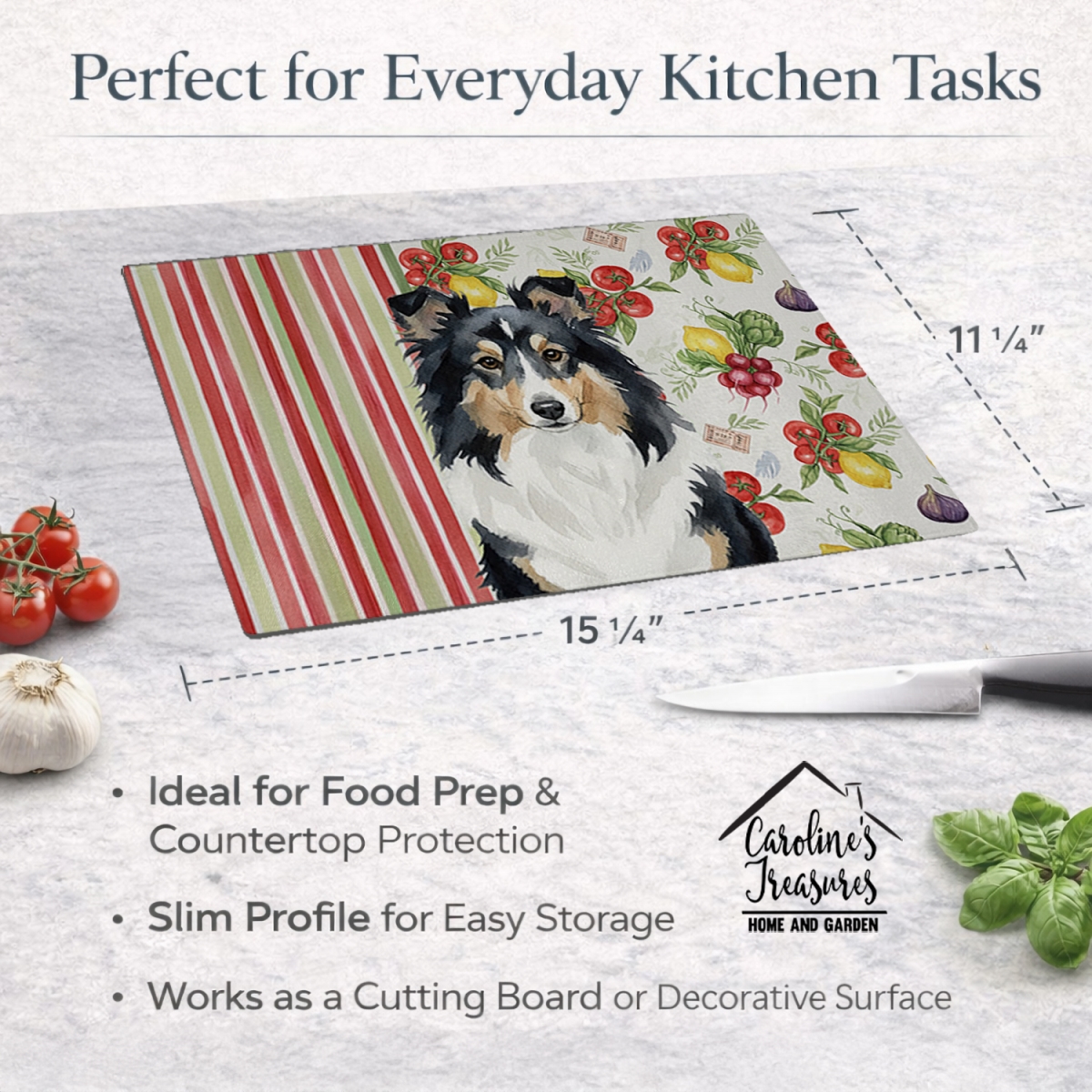 Picture of Carolines Treasures WDK8410LCB 11.25 x 15.25 in. Tricolor Sheltie Vegetables Glass Cutting Board