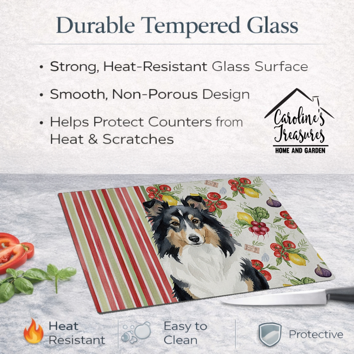 Picture of Carolines Treasures WDK8410LCB 11.25 x 15.25 in. Tricolor Sheltie Vegetables Glass Cutting Board