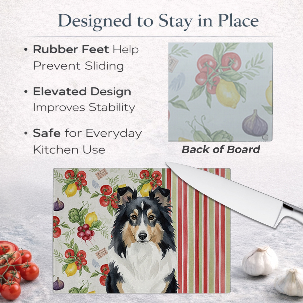 Picture of Carolines Treasures WDK8410LCB 11.25 x 15.25 in. Tricolor Sheltie Vegetables Glass Cutting Board