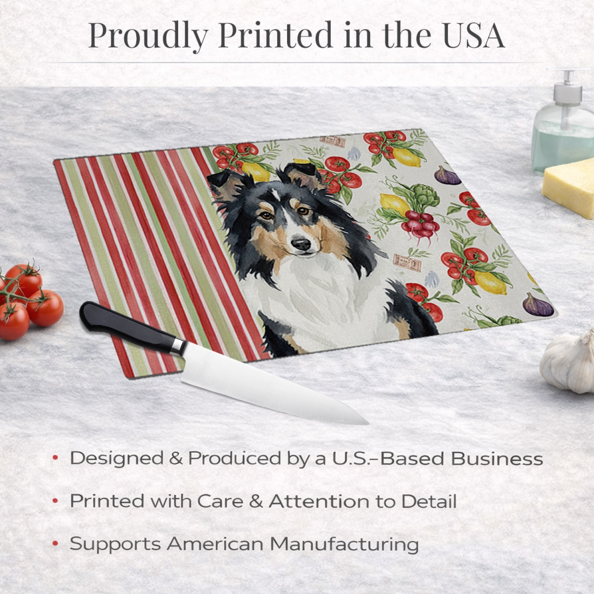 Picture of Carolines Treasures WDK8410LCB 11.25 x 15.25 in. Tricolor Sheltie Vegetables Glass Cutting Board