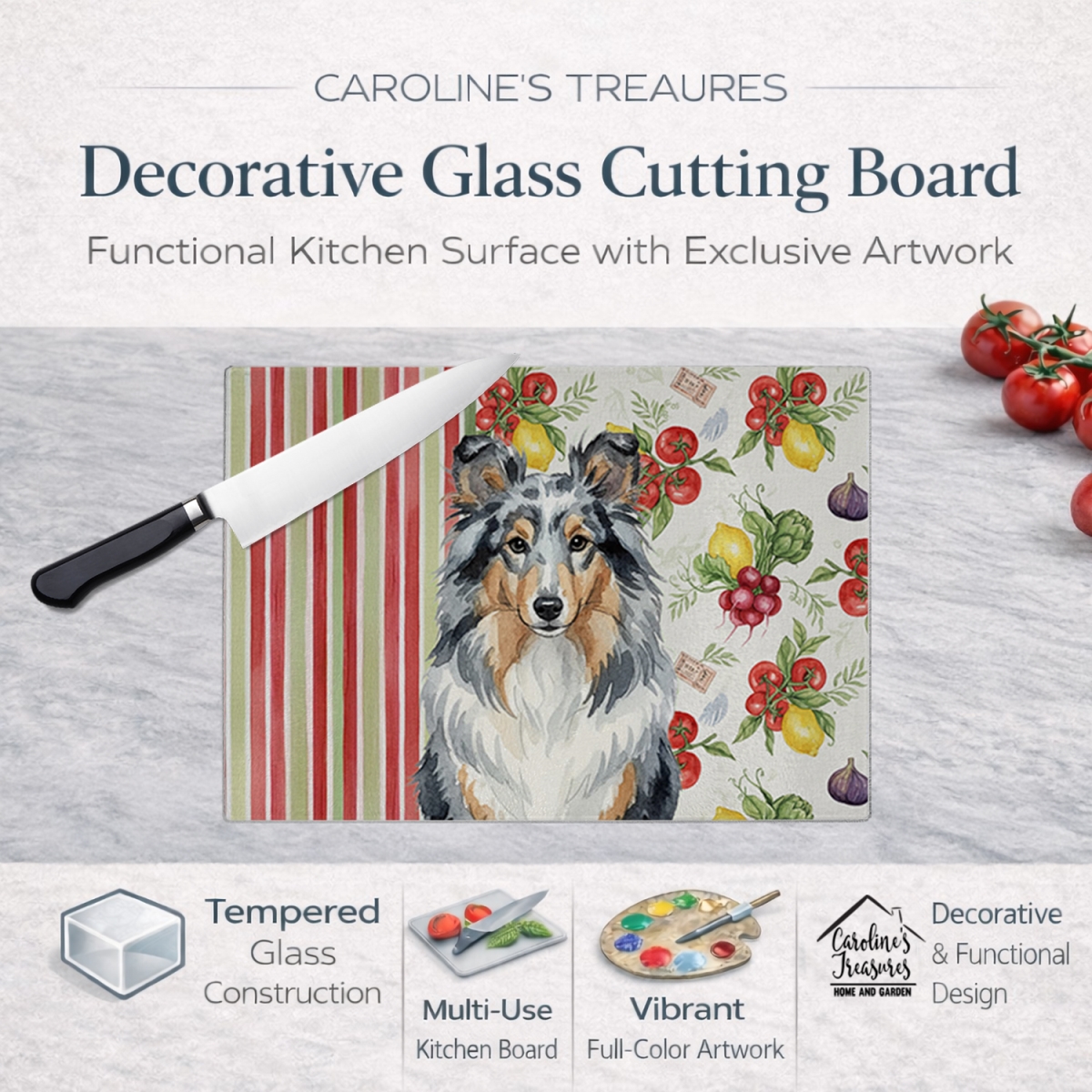 Picture of Carolines Treasures WDK8411LCB 11.25 x 15.25 in. Blue Merle Sheltie Vegetables Glass Cutting Board