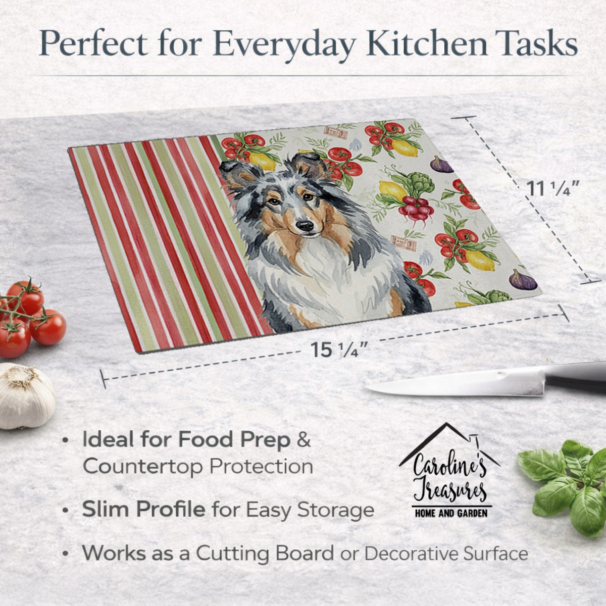 Picture of Carolines Treasures WDK8411LCB 11.25 x 15.25 in. Blue Merle Sheltie Vegetables Glass Cutting Board