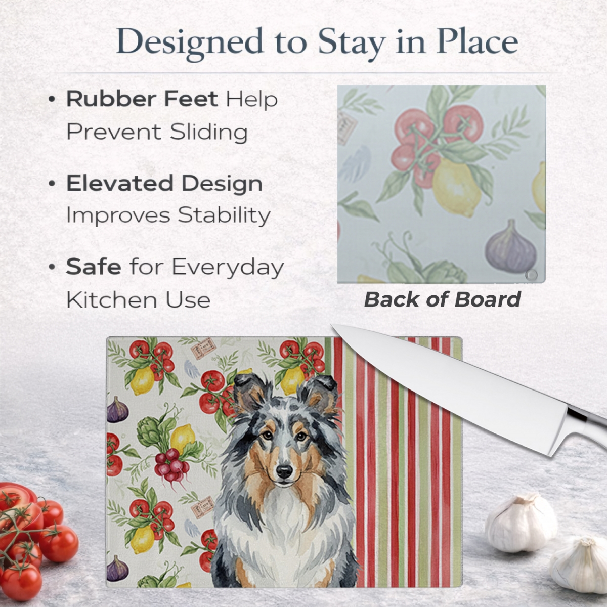 Picture of Carolines Treasures WDK8411LCB 11.25 x 15.25 in. Blue Merle Sheltie Vegetables Glass Cutting Board
