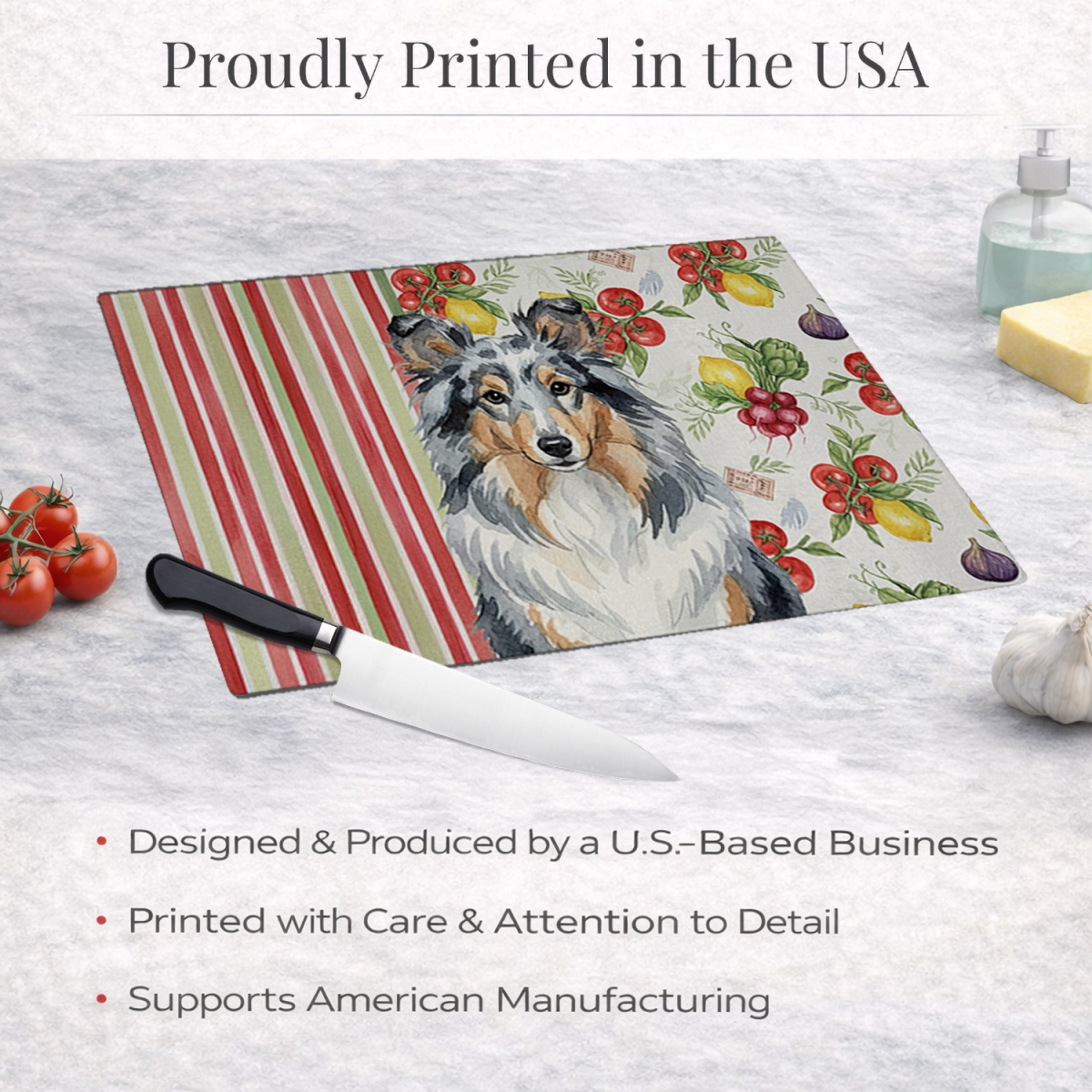 Picture of Carolines Treasures WDK8411LCB 11.25 x 15.25 in. Blue Merle Sheltie Vegetables Glass Cutting Board