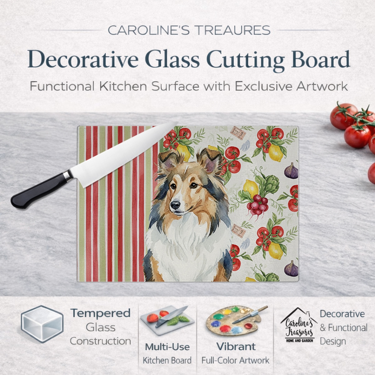 Picture of Carolines Treasures WDK8412LCB 11.25 x 15.25 in. Sable Sheltie Vegetables Glass Cutting Board