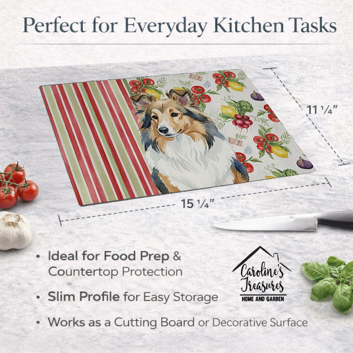 Picture of Carolines Treasures WDK8412LCB 11.25 x 15.25 in. Sable Sheltie Vegetables Glass Cutting Board