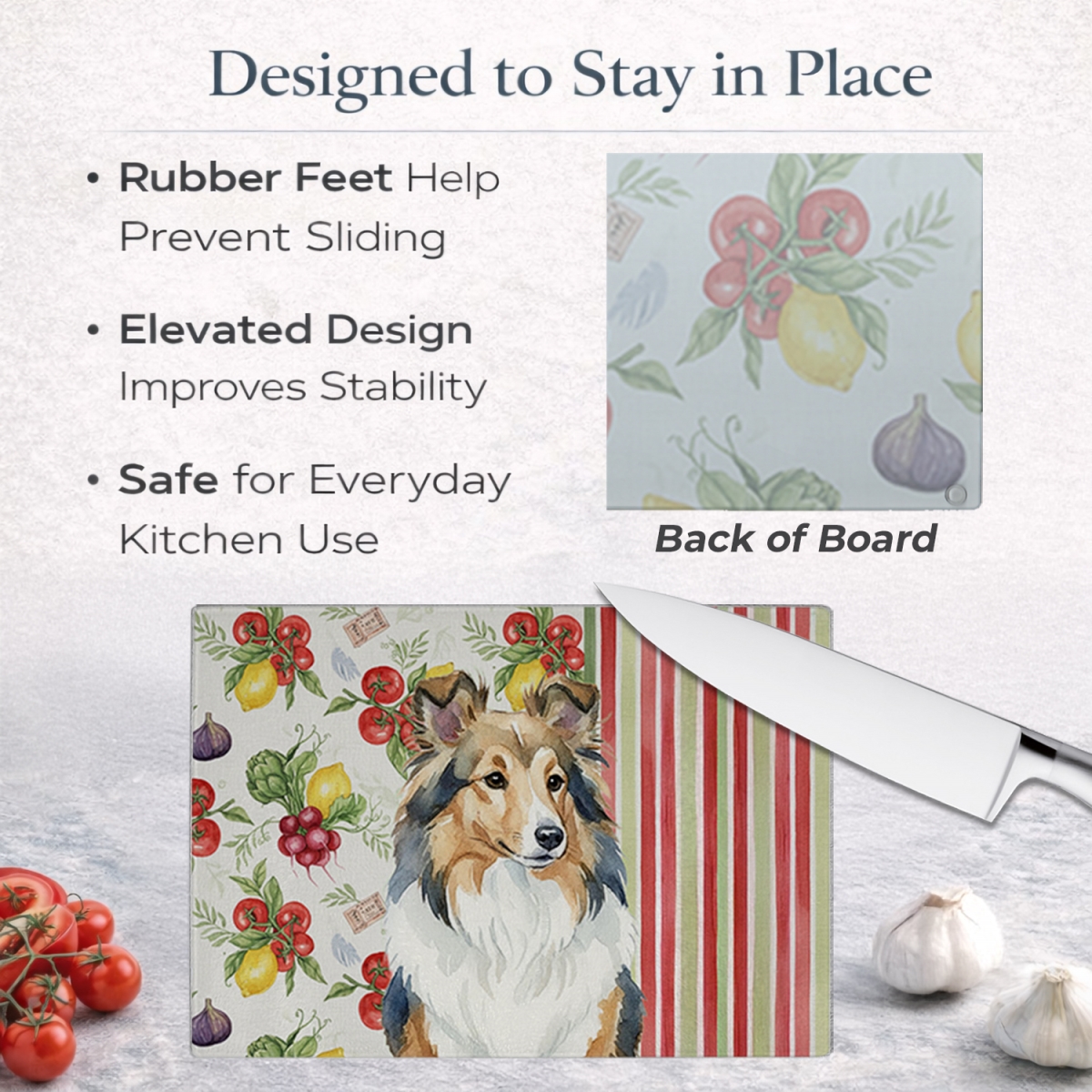 Picture of Carolines Treasures WDK8412LCB 11.25 x 15.25 in. Sable Sheltie Vegetables Glass Cutting Board