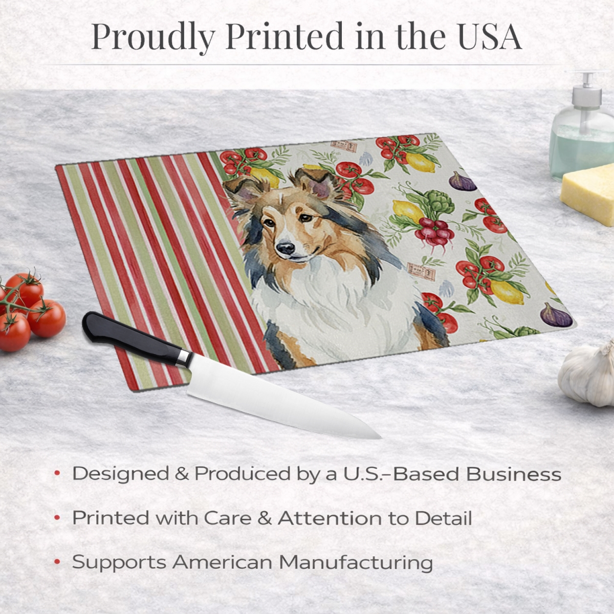 Picture of Carolines Treasures WDK8412LCB 11.25 x 15.25 in. Sable Sheltie Vegetables Glass Cutting Board