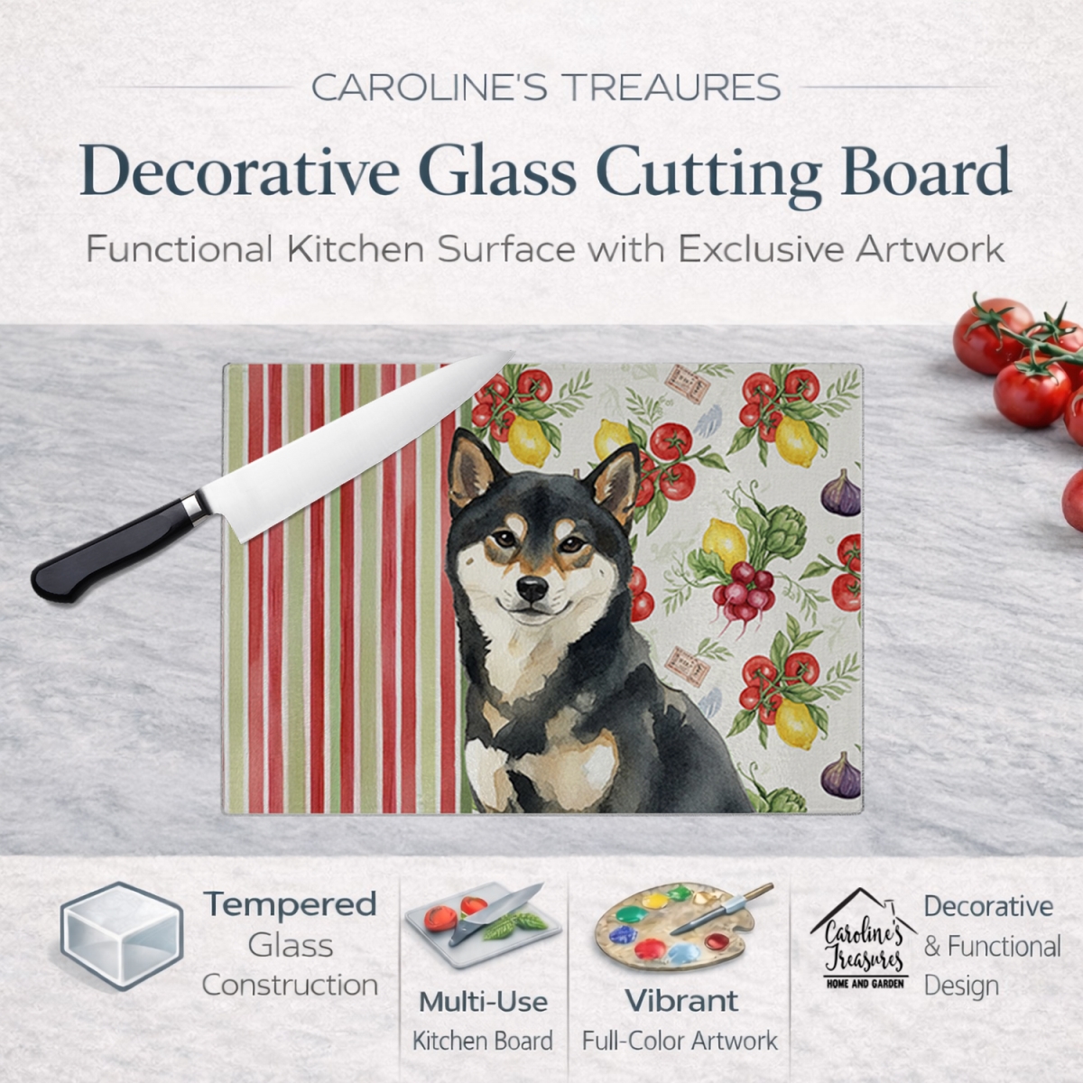 Picture of Carolines Treasures WDK8413LCB 11.25 x 15.25 in. Black & Tan Shiba Inu Vegetables Glass Cutting Board