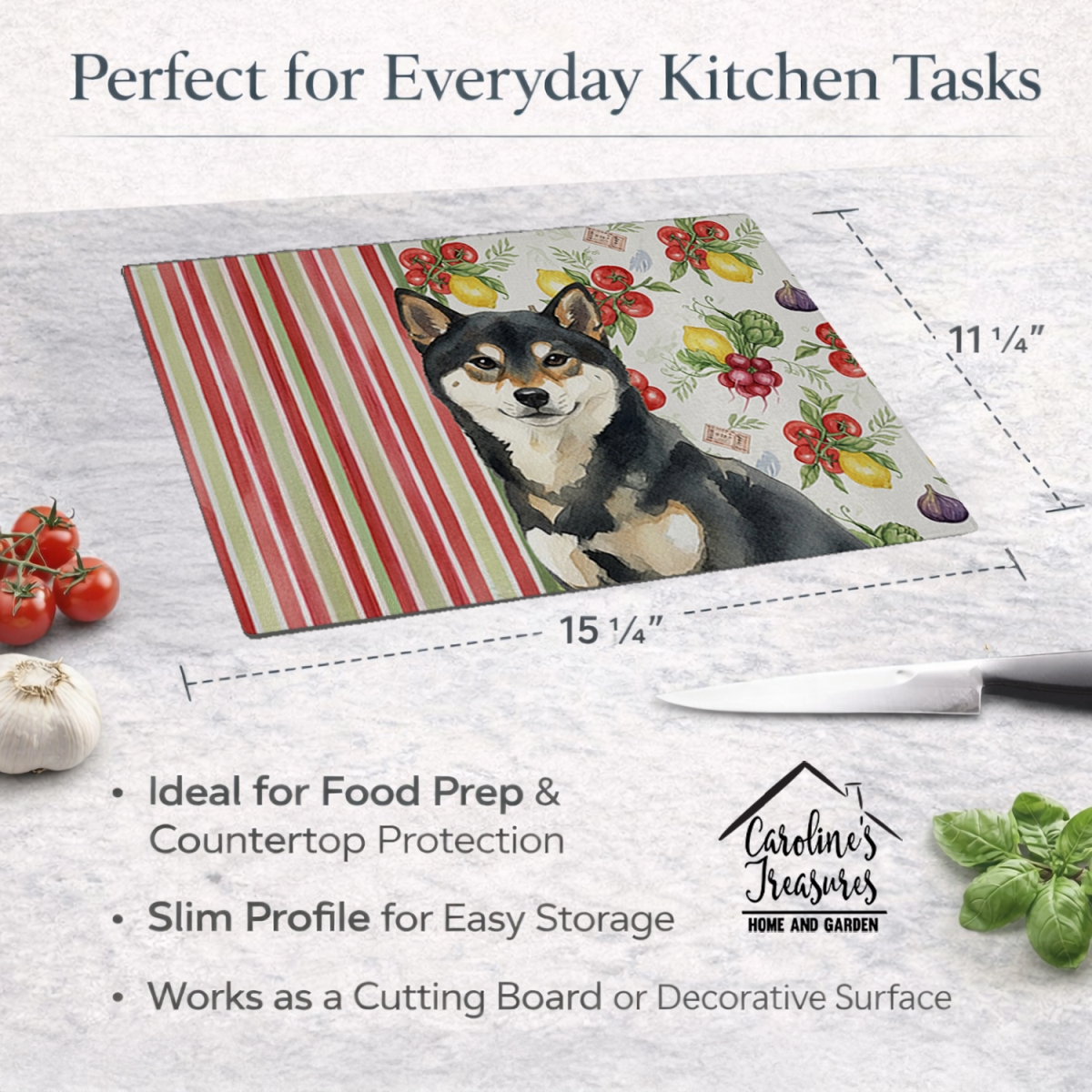 Picture of Carolines Treasures WDK8413LCB 11.25 x 15.25 in. Black & Tan Shiba Inu Vegetables Glass Cutting Board
