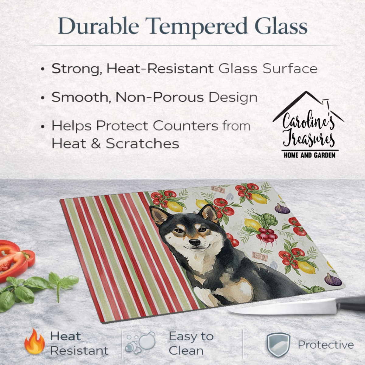 Picture of Carolines Treasures WDK8413LCB 11.25 x 15.25 in. Black & Tan Shiba Inu Vegetables Glass Cutting Board