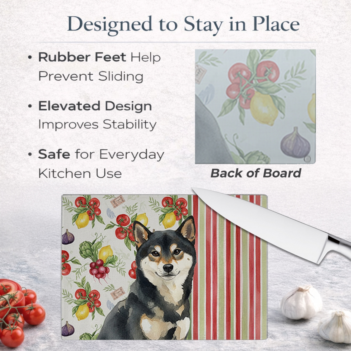 Picture of Carolines Treasures WDK8413LCB 11.25 x 15.25 in. Black & Tan Shiba Inu Vegetables Glass Cutting Board