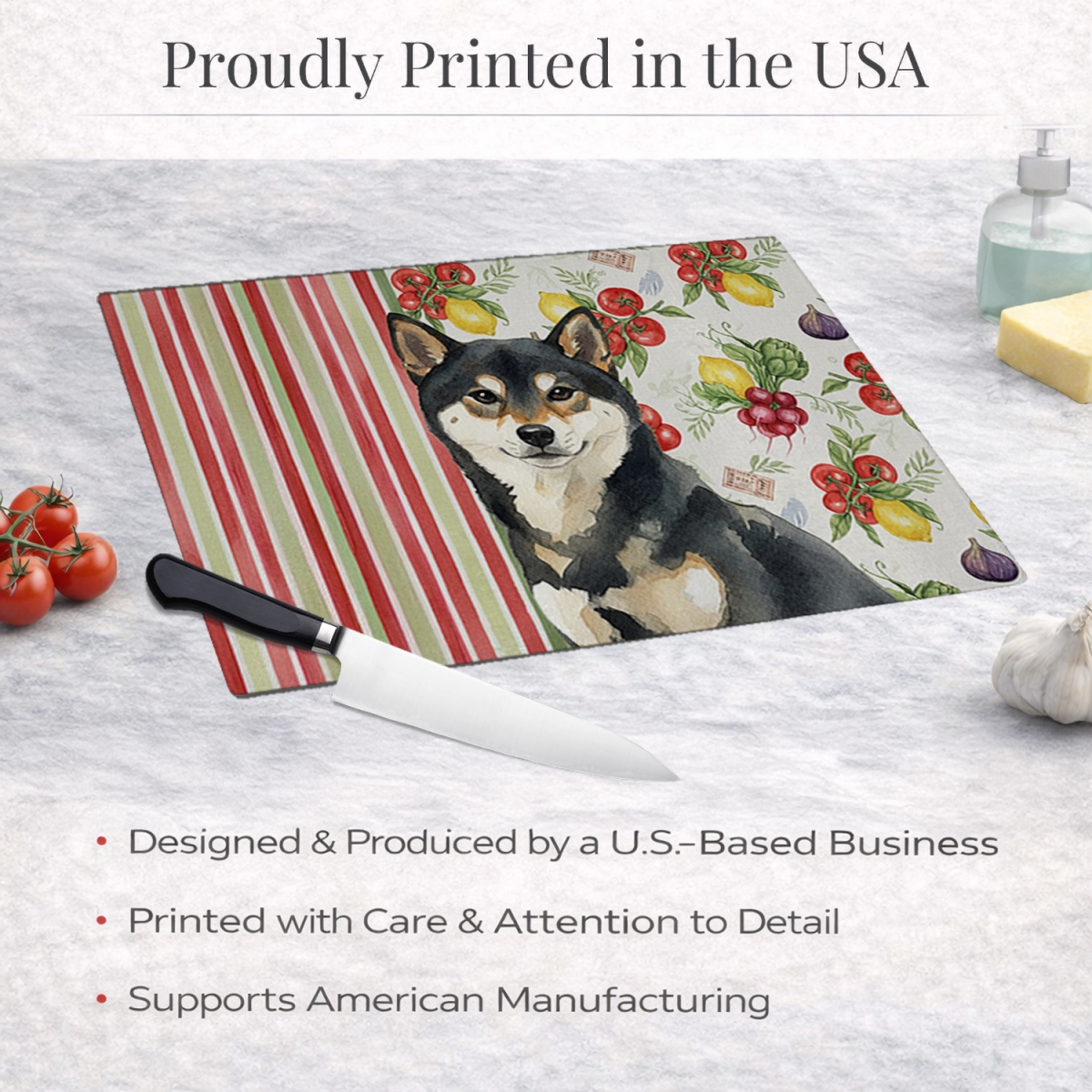 Picture of Carolines Treasures WDK8413LCB 11.25 x 15.25 in. Black & Tan Shiba Inu Vegetables Glass Cutting Board