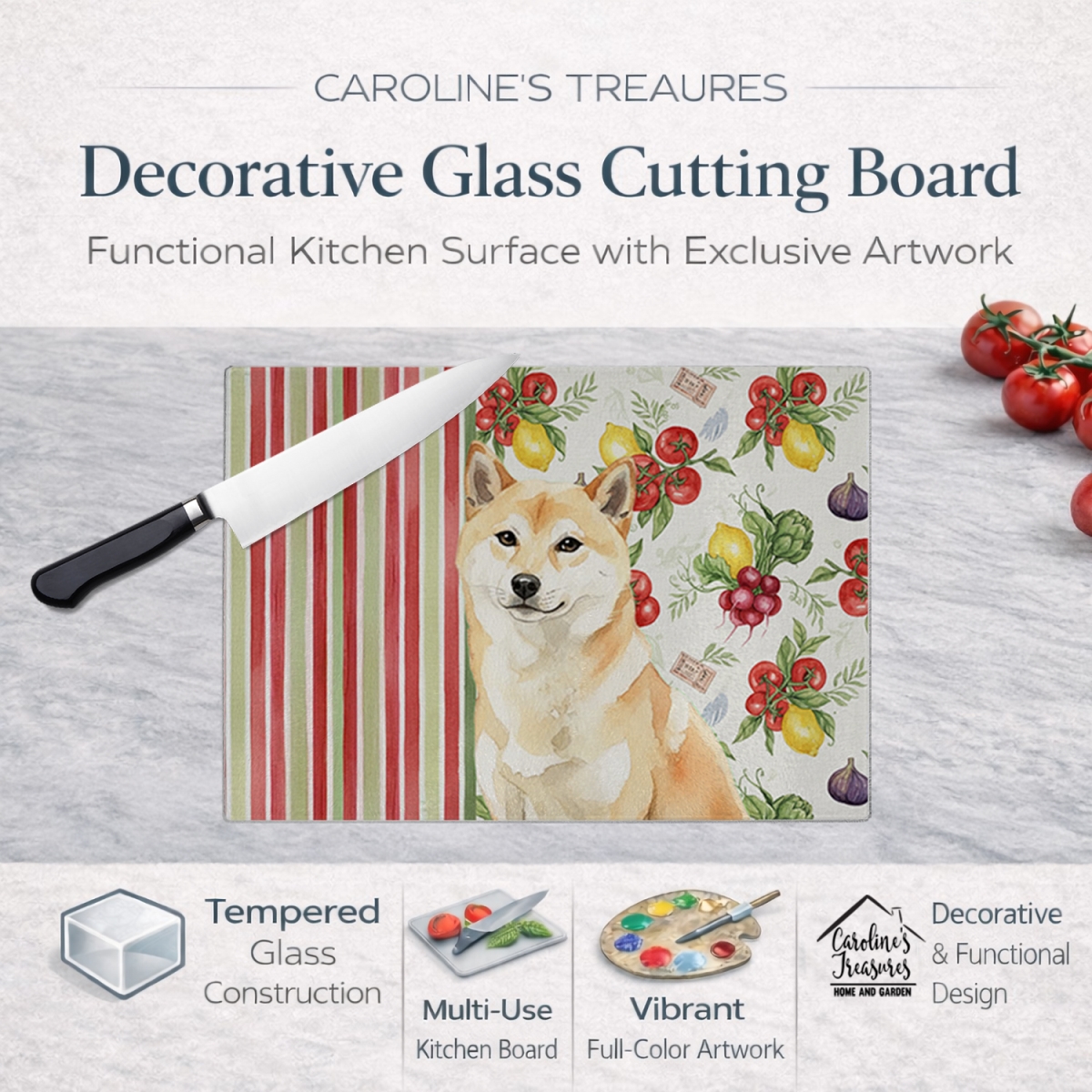 Picture of Carolines Treasures WDK8414LCB 11.25 x 15.25 in. Cream Shiba Inu Vegetables Glass Cutting Board