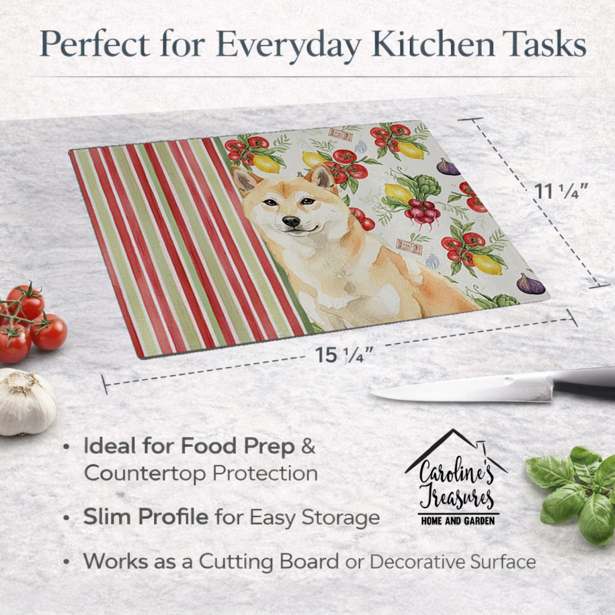 Picture of Carolines Treasures WDK8414LCB 11.25 x 15.25 in. Cream Shiba Inu Vegetables Glass Cutting Board