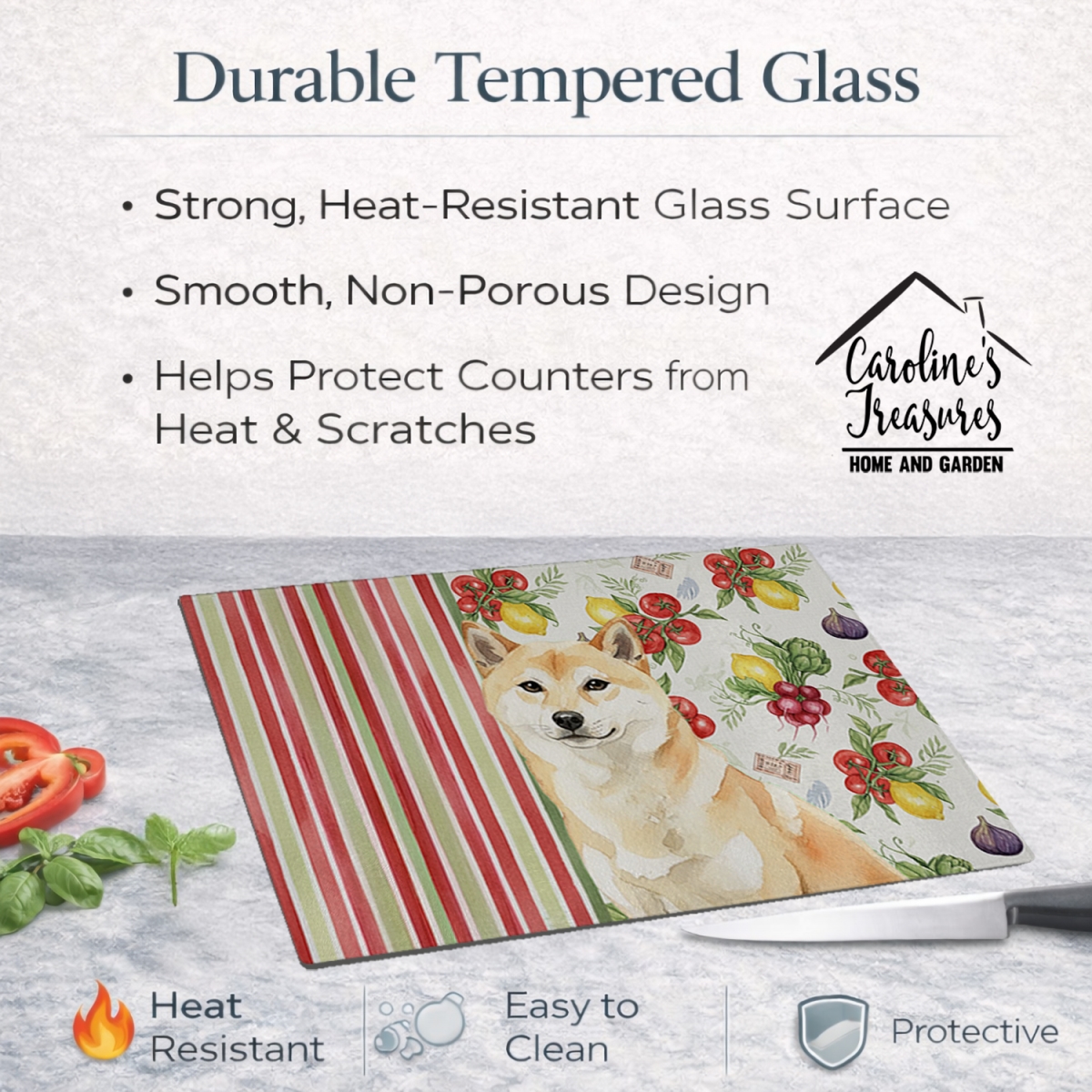 Picture of Carolines Treasures WDK8414LCB 11.25 x 15.25 in. Cream Shiba Inu Vegetables Glass Cutting Board