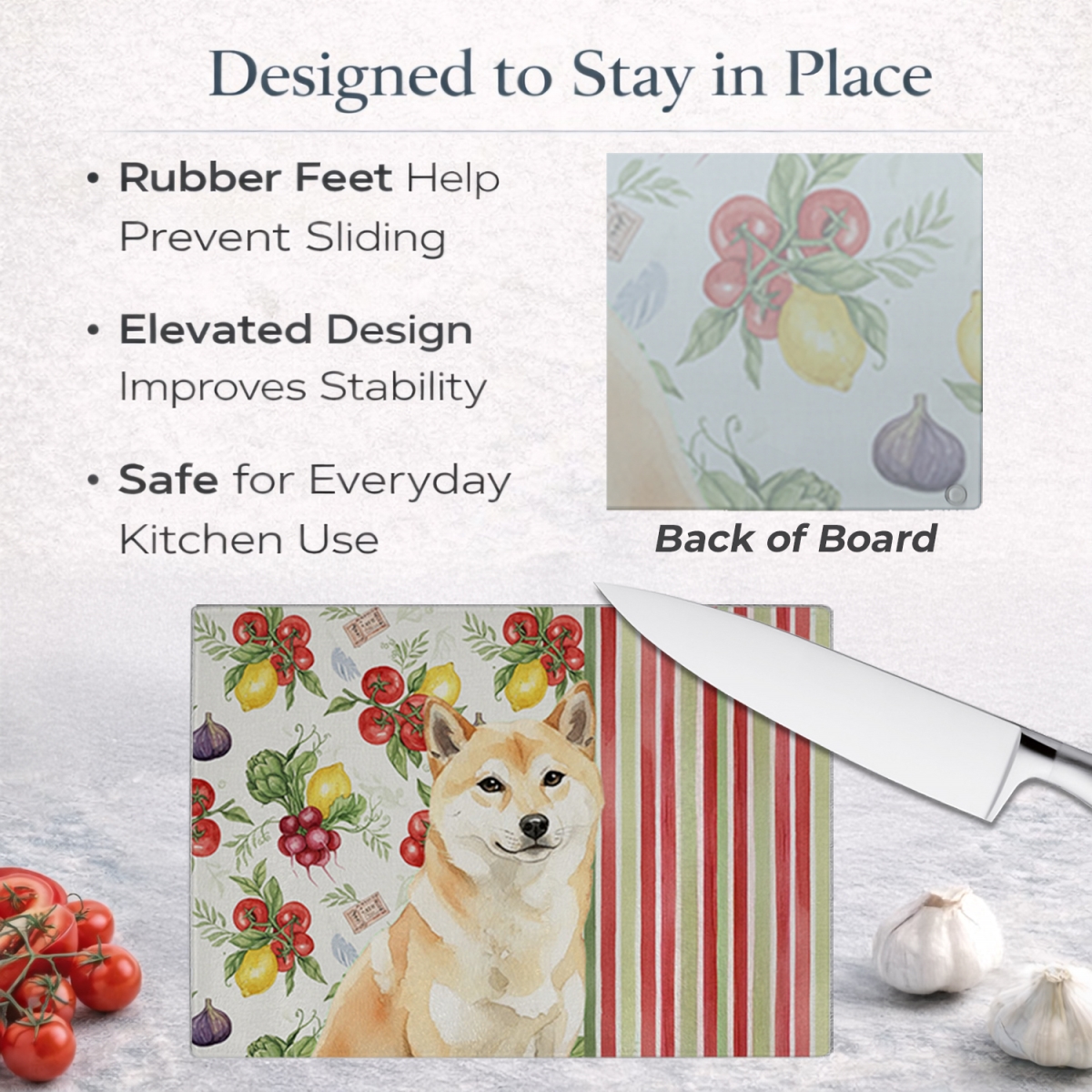 Picture of Carolines Treasures WDK8414LCB 11.25 x 15.25 in. Cream Shiba Inu Vegetables Glass Cutting Board
