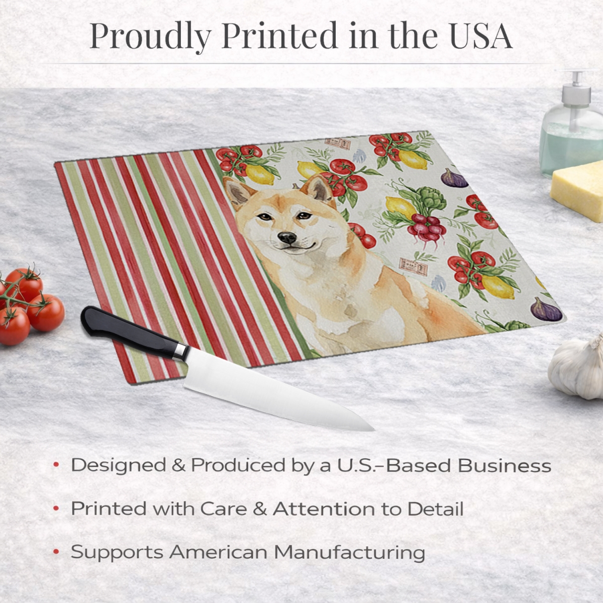 Picture of Carolines Treasures WDK8414LCB 11.25 x 15.25 in. Cream Shiba Inu Vegetables Glass Cutting Board