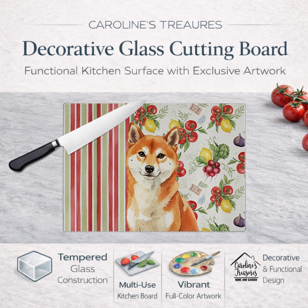 Picture of Carolines Treasures WDK8415LCB 11.25 x 15.25 in. Red Shiba Inu Vegetables Glass Cutting Board