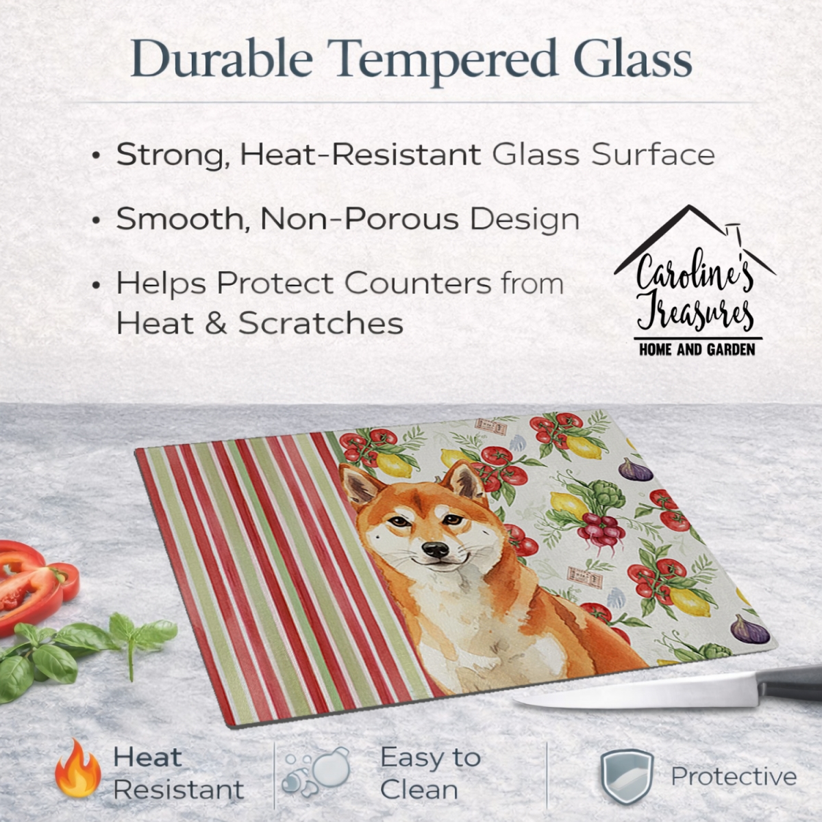 Picture of Carolines Treasures WDK8415LCB 11.25 x 15.25 in. Red Shiba Inu Vegetables Glass Cutting Board