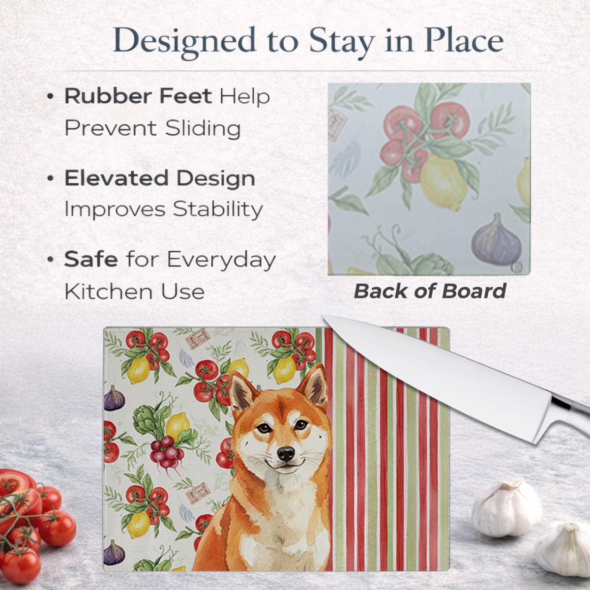 Picture of Carolines Treasures WDK8415LCB 11.25 x 15.25 in. Red Shiba Inu Vegetables Glass Cutting Board