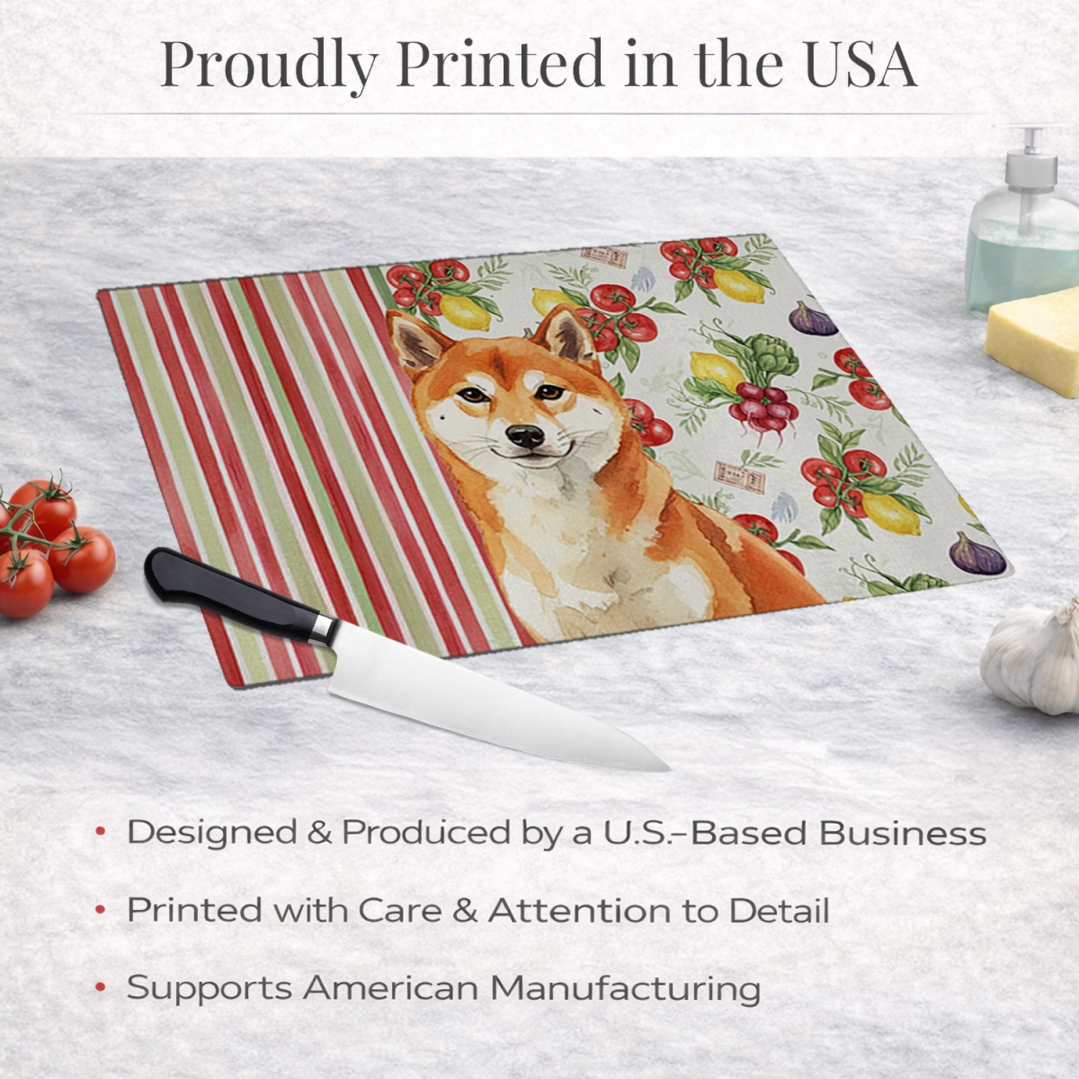 Picture of Carolines Treasures WDK8415LCB 11.25 x 15.25 in. Red Shiba Inu Vegetables Glass Cutting Board