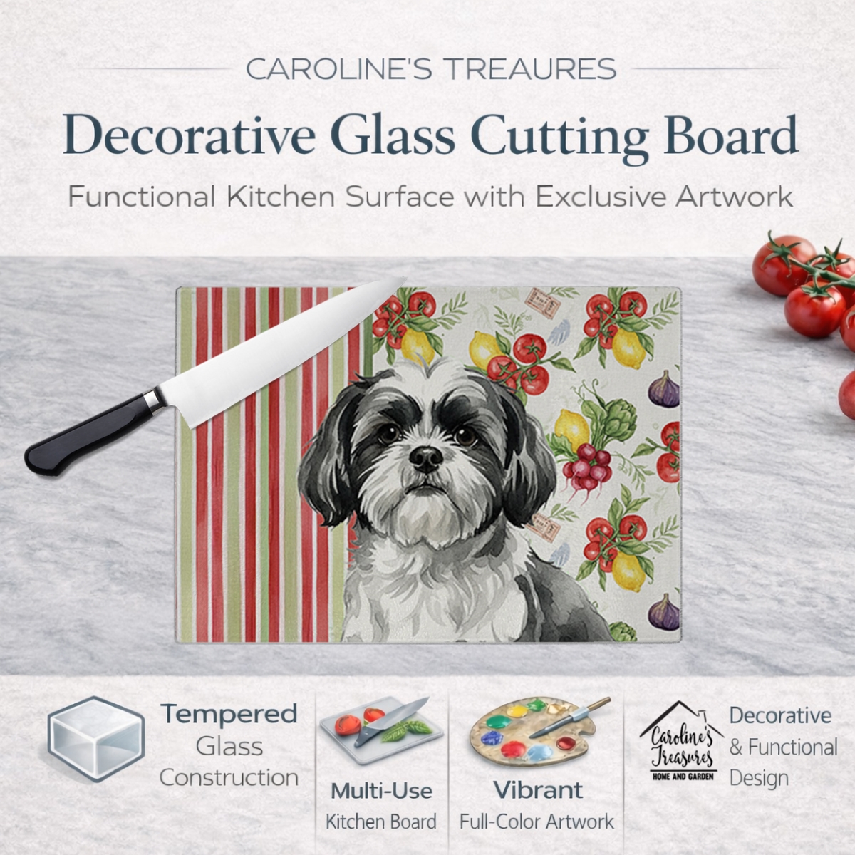 Picture of Carolines Treasures WDK8416LCB 11.25 x 15.25 in. Black & White Shih Tzu Vegetables Glass Cutting Board