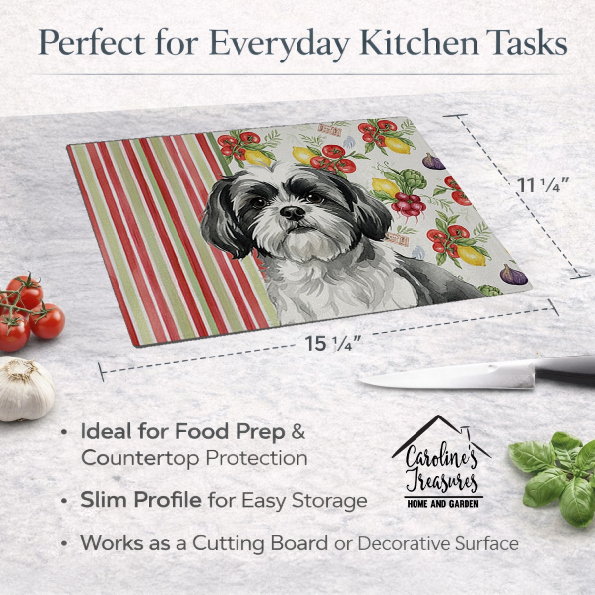 Picture of Carolines Treasures WDK8416LCB 11.25 x 15.25 in. Black & White Shih Tzu Vegetables Glass Cutting Board