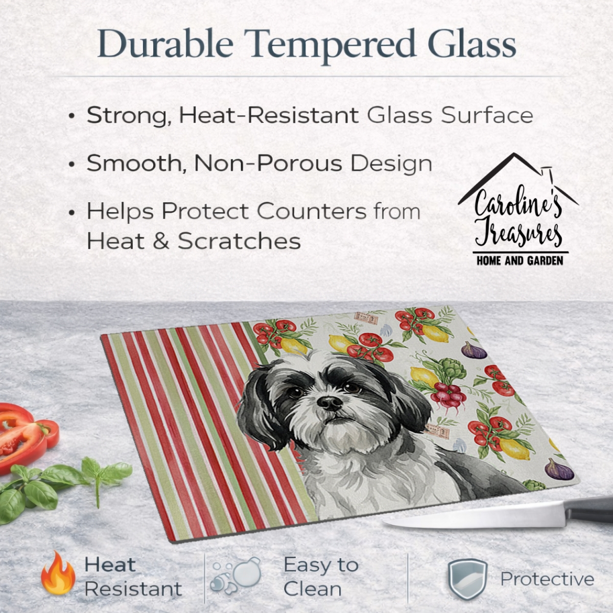 Picture of Carolines Treasures WDK8416LCB 11.25 x 15.25 in. Black & White Shih Tzu Vegetables Glass Cutting Board