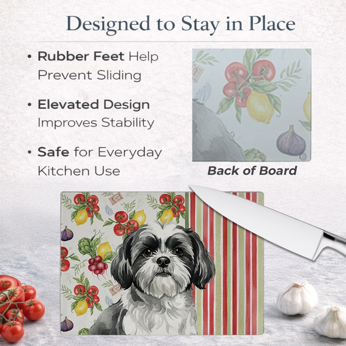 Picture of Carolines Treasures WDK8416LCB 11.25 x 15.25 in. Black & White Shih Tzu Vegetables Glass Cutting Board