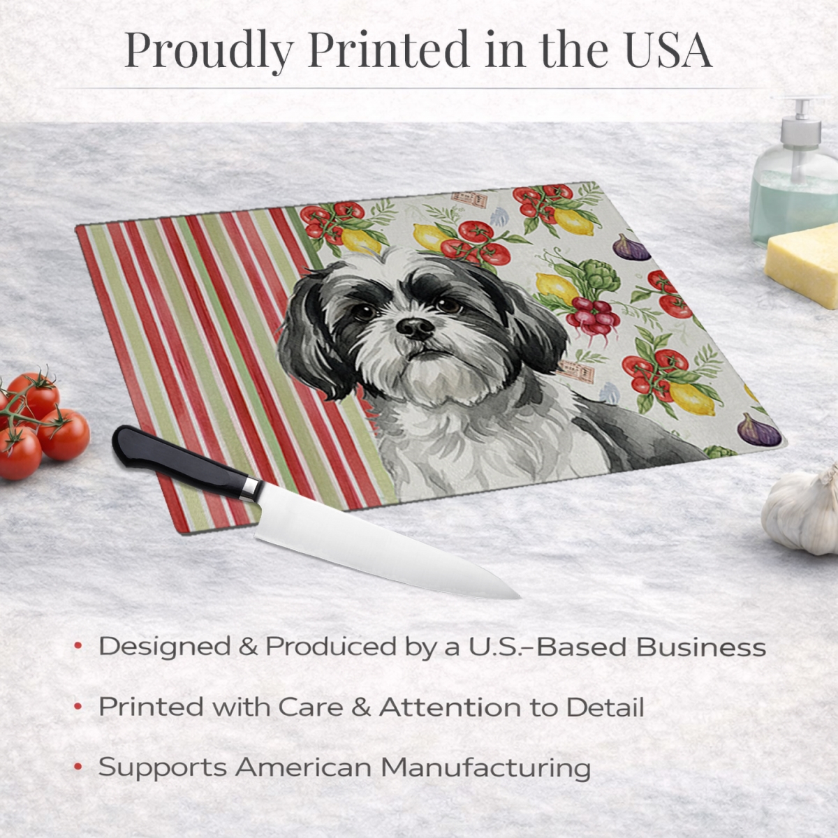 Picture of Carolines Treasures WDK8416LCB 11.25 x 15.25 in. Black & White Shih Tzu Vegetables Glass Cutting Board